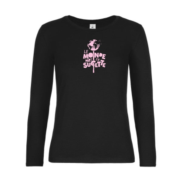 t-shirt lsl femme Le-Monde-part-en-Sucette Black flex Rose